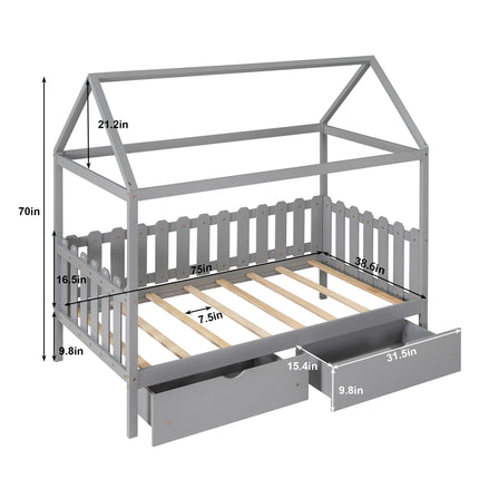 AS36- Twin Size House Bed with drawers, Fence-shaped Guardrail - Likeshoppe 