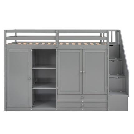 AS26- Functional Loft Bed with 3 Shelves;  2 Wardrobes and 2 Drawers;  Ladder with Storage;  No Box Spring Needed - Likeshoppe 