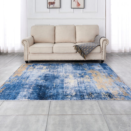 AQ27- ZARA Collection Abstract Design Blue Gold Machine Washable Super Soft Area Rug - Likeshoppe 