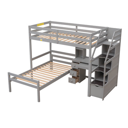 AS4- Twin Size Loft Bed with a Stand-alone Bed;  Storage Staircase;  Desk;  Shelves and Drawers - Likeshoppe 