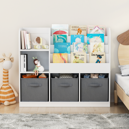 AT1- Kids Bookcase and Bookshelf, Multifunctional Bookcase with 3 Collapsible Fabric Drawers, Bookcase Display Stand, Toy Storage Organizer for Bedroom, Playroom, Hallway (White/Gray) - Likeshoppe 