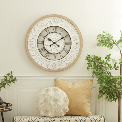 CG5- DecMode 32" White Wood Floral Carved Wall Clock - Likeshoppe 