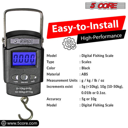 BR2- 5 Core Fish Scale 110 LBS 50 KG Luggage Handheld Portable Electronic Balance Digital Fishing Postal Hanging Hook Scale with 2 AAA Batteries Built-in Measuring Tape Backlight LCD Display - Likeshoppe 