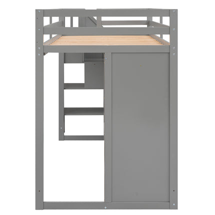 AS26- Functional Loft Bed with 3 Shelves;  2 Wardrobes and 2 Drawers;  Ladder with Storage;  No Box Spring Needed - Likeshoppe 