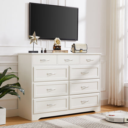 AU4- Bedroom dresser, 9 drawer long dresser with antique handles, wood chest of drawers for kids room, living room, entry and hallway, White, 47.56''W x 15.75''D x 34.45''H. - Likeshoppe 