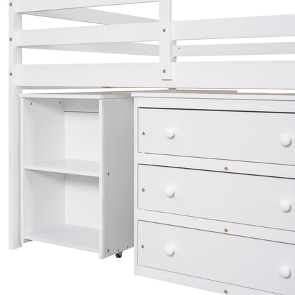 AS1- Low Study Full Loft Bed with Cabinet ; Shelves and Rolling Portable Desk ; Multiple Functions Bed - Likeshoppe 