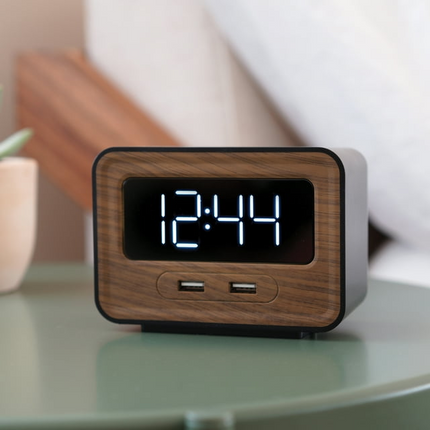 CH13- Lumoday Dual USB Charging Station Digital Alarm Clock (Black/Wood) - Likeshoppe 