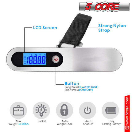 BR3- 5 Core Luggage Scale Handheld Portable weighing Electronic Digital Hanging Bag Weight Scales Travel 110 LBS 50 KG - 5 Core LSS-005 - Likeshoppe 