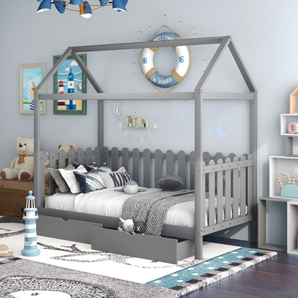 AS36- Twin Size House Bed with drawers, Fence-shaped Guardrail - Likeshoppe 