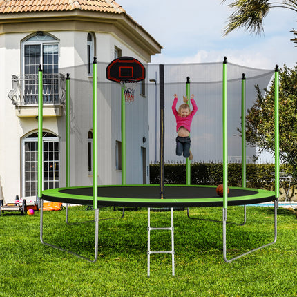 BA25- 10FT Trampoline with Basketball Hoop Inflator and Ladder(Inner Safety Enclosure) Green - Likeshoppe 