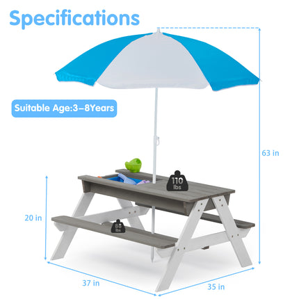 BL1-3-in-1 Kids Outdoor Wooden Picnic Table With Umbrella, Convertible Sand & Wate, Gray ASTM & CPSIA CERTIFICATION - Likeshoppe 