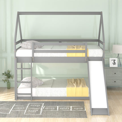 AS33- Twin Size Bunk House Bed with Slide and Ladder - Likeshoppe 