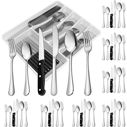 BP17- 49-Piece Silverware Set with Flatware Drawer Organizer, Durable Stainless Steel Cutlery Set for 8, Mirror Polished Kitchen Utensils Tableware Service with Steak Knives Dinner Fork Knife Spoon & Tray - Likeshoppe 