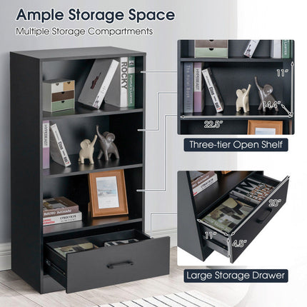 AT23- 4-Tier Storage Bookcase with Open Shelves Drawer and Anti-toppling Device - Likeshoppe 