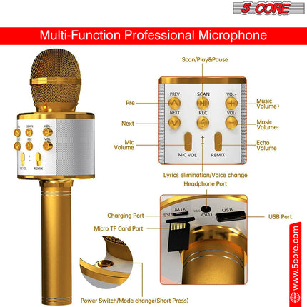 CC19- 5 Core Karaoke Wireless Microphones Bluetooth • w Stereo Mic Speaker • Portable Recording Microfono Inalambrico • SD Card & USB • Gifts Music Toys for Kids and Adults All Age- WM SPK GLD - Likeshoppe 