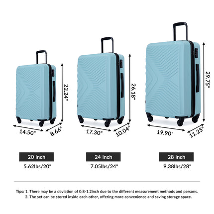 CA1- 3 Piece Luggage Sets ABS Lightweight Suitcase with Two Hooks;  Spinner Wheels;  TSA Lock;  (20/24/28)