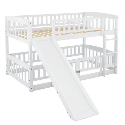 AS25- Bunk Bed with Slide; Twin Over Twin Low Bunk Bed with Fence and Ladder for Toddler Kids Teens - Likeshoppe 