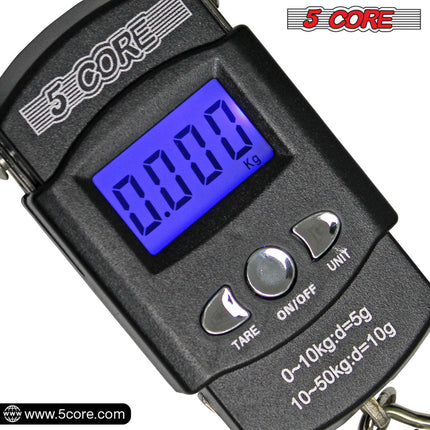 BR2- 5 Core Fish Scale 110 LBS 50 KG Luggage Handheld Portable Electronic Balance Digital Fishing Postal Hanging Hook Scale with 2 AAA Batteries Built-in Measuring Tape Backlight LCD Display - Likeshoppe 