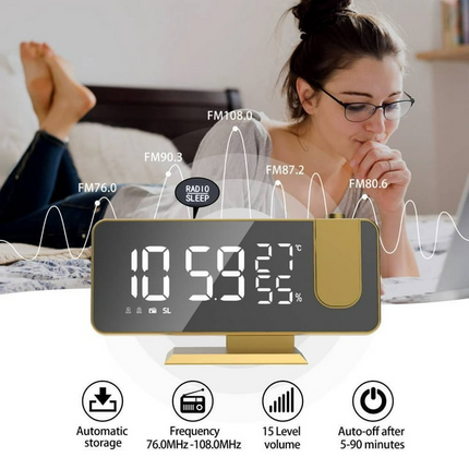 Jumper Alarm Clock for Bedroom Digital Projection Dual Alarms Clock, Temperature Humidity Date Display Function, Projector Alarm Clock with Radio Gold - Likeshoppe 