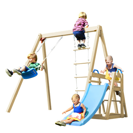 BB3- Wooden Swing Set with Slide, Outdoor Playset Backyard Activity Playground Climb Swing Outdoor Play Structure for Toddlers, Ready to Assemble Wooden Swing-N-Slide Set Kids Climbers - Likeshoppe 