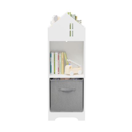 AT6- Kids Dollhouse Bookcase with Storage, 2-Tier Storage Display Organizer, Toddler Bookshelf with Collapsible Fabric Drawers for Bedroom or Playroom (White/Gray) - Likeshoppe 