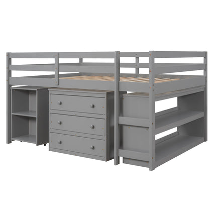 AS1- Low Study Full Loft Bed with Cabinet ; Shelves and Rolling Portable Desk ; Multiple Functions Bed - Likeshoppe 