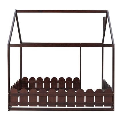 AS21- (Slats are not included) Full Size Wood Bed House Bed Frame with Fence;  for Kids;  Teens;  Girls;  Boys - Likeshoppe 