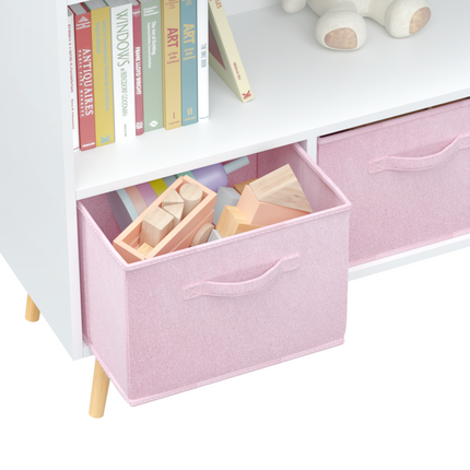 AT13- Kids bookcase with Collapsible Fabric Drawers, Children's Book Display, Toy Storage Cabinet Organizer, White/Pink - Likeshoppe 