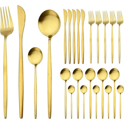 BP5- Gold Silverware Set 24 Pieces, Stainless Steel Flatware Set,Titanium Gold Plating Cutlery Set Utensil Sets Service for 6, Kitchen Cutlery For Home Office Restaurant Hotel - Likeshoppe 