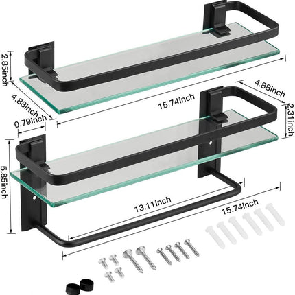 AN1-Glass Bathroom Shelf 15.7in Bathroom Shelf Wall Mounted Floating Glass Shelves with Towel Holder Glass Shower Shelf 2 Tier - Likeshoppe 