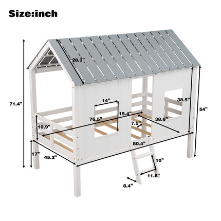 AS11- Twin Size Low Loft House Bed with Roof and Two Front Windows - Likeshoppe 