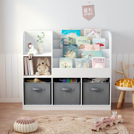 AT1- Kids Bookcase and Bookshelf, Multifunctional Bookcase with 3 Collapsible Fabric Drawers, Bookcase Display Stand, Toy Storage Organizer for Bedroom, Playroom, Hallway (White/Gray) - Likeshoppe 