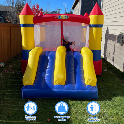 BC23- YARD Bounce House Dual Castle Slide with Air Blower, Four-Sided Protection Net, Inflatable Bounce House for Outdoor Indoor Party, Made of Nylon and Vinyl Extra Thick Bouncing Floor - Likeshoppe 