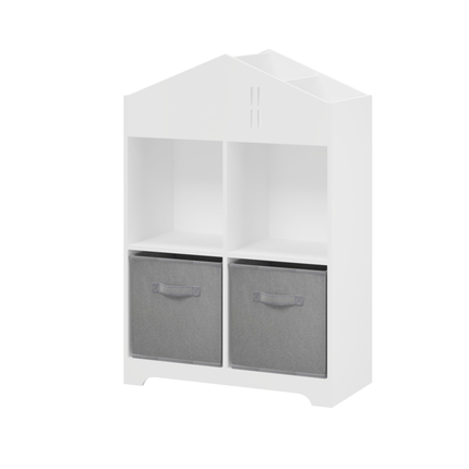 AT5- Kids Dollhouse Bookcase with Storage, 2-Tier Storage Display Organizer, Toddler Bookshelf with 2 Collapsible Fabric Drawers for Bedroom or Playroom (White/Gray) - Likeshoppe 