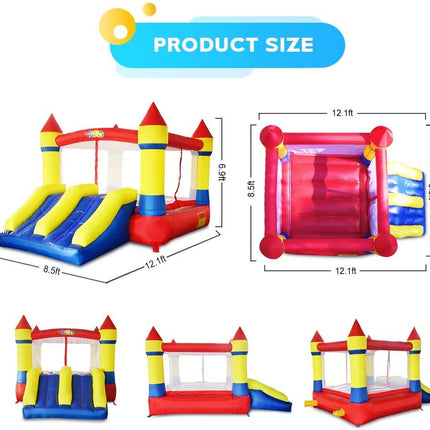 BC23- YARD Bounce House Dual Castle Slide with Air Blower, Four-Sided Protection Net, Inflatable Bounce House for Outdoor Indoor Party, Made of Nylon and Vinyl Extra Thick Bouncing Floor - Likeshoppe 