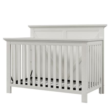 AO1- Rustic Farmhouse Style Whitewash 4-in-1 Convertible Baby Crib - Converts to Toddler Bed, Daybed and Full-Size Bed, White - Likeshoppe 