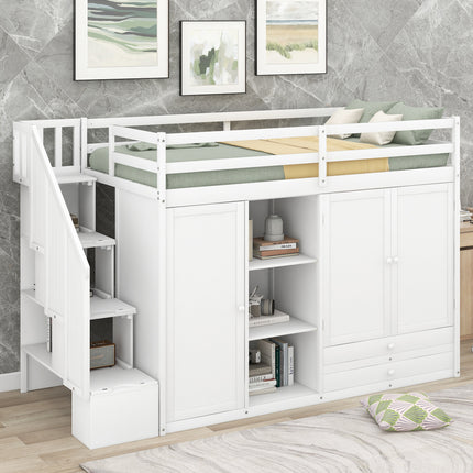 AS26- Functional Loft Bed with 3 Shelves;  2 Wardrobes and 2 Drawers;  Ladder with Storage;  No Box Spring Needed - Likeshoppe 