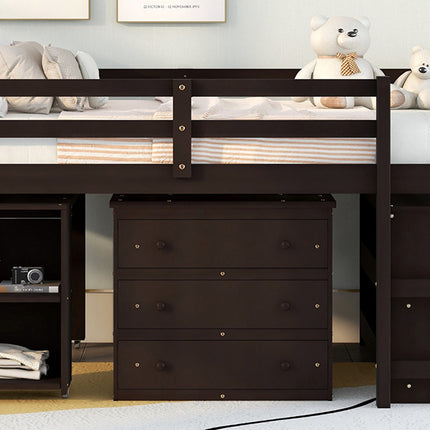 AS1- Low Study Full Loft Bed with Cabinet ; Shelves and Rolling Portable Desk ; Multiple Functions Bed - Likeshoppe 