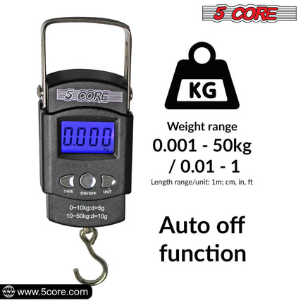 BR2- 5 Core Fish Scale 110 LBS 50 KG Luggage Handheld Portable Electronic Balance Digital Fishing Postal Hanging Hook Scale with 2 AAA Batteries Built-in Measuring Tape Backlight LCD Display - Likeshoppe 