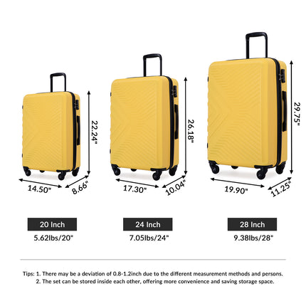 CA1- 3 Piece Luggage Sets ABS Lightweight Suitcase with Two Hooks;  Spinner Wheels;  TSA Lock;  (20/24/28)