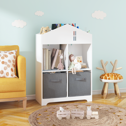 AT5- Kids Dollhouse Bookcase with Storage, 2-Tier Storage Display Organizer, Toddler Bookshelf with 2 Collapsible Fabric Drawers for Bedroom or Playroom (White/Gray) - Likeshoppe 