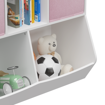 AT9- Kids Bookcase with Collapsible Fabric Drawers, Children's Toy Storage Cabinet for Playroom, Bedroom, Nursery, School, White/Pink - Likeshoppe 