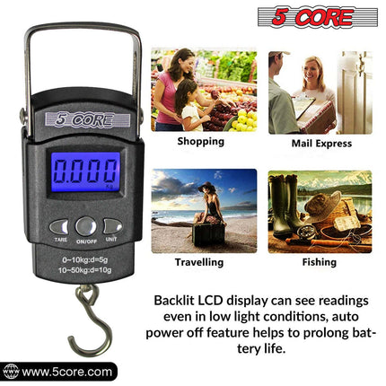 BR2- 5 Core Fish Scale 110 LBS 50 KG Luggage Handheld Portable Electronic Balance Digital Fishing Postal Hanging Hook Scale with 2 AAA Batteries Built-in Measuring Tape Backlight LCD Display - Likeshoppe 