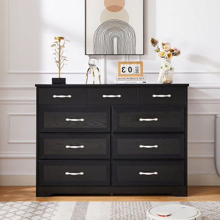 AU7- Bedroom dresser, 9 drawer long dresser with antique handles, wood chest of drawers for kids room, living room, entry and hallway, Black, 47.2'' W x 15.8'' D x 34.6'' H. - Likeshoppe 