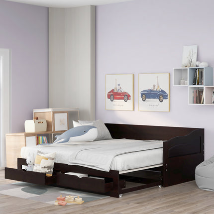 AS34- Wooden Daybed with Trundle Bed and Two Storage Drawers , Extendable Bed Daybed,Sofa Bed with Two Drawers - Likeshoppe 