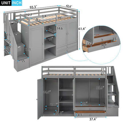 AS26- Functional Loft Bed with 3 Shelves;  2 Wardrobes and 2 Drawers;  Ladder with Storage;  No Box Spring Needed - Likeshoppe 