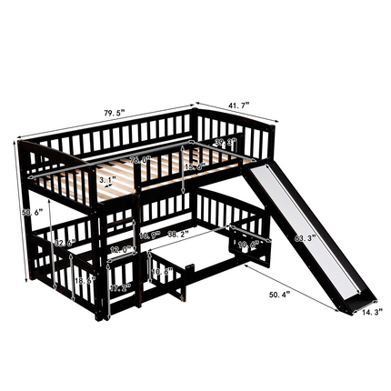 AS25- Bunk Bed with Slide; Twin Over Twin Low Bunk Bed with Fence and Ladder for Toddler Kids Teens - Likeshoppe 