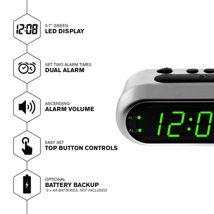 CH32- SHARP Digital Dual Alarm Clock, Silver with Green LED Display, Ascending Alarm - Likeshoppe 