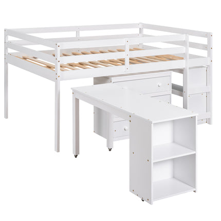 AS1- Low Study Full Loft Bed with Cabinet ; Shelves and Rolling Portable Desk ; Multiple Functions Bed - Likeshoppe 