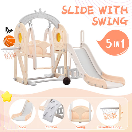 BB18- Toddler Slide and Swing Set 5 in 1, Kids Playground Climber Slide Playset with Basketball Hoop Freestanding Combination for Babies Indoor & Outdoor - Likeshoppe 